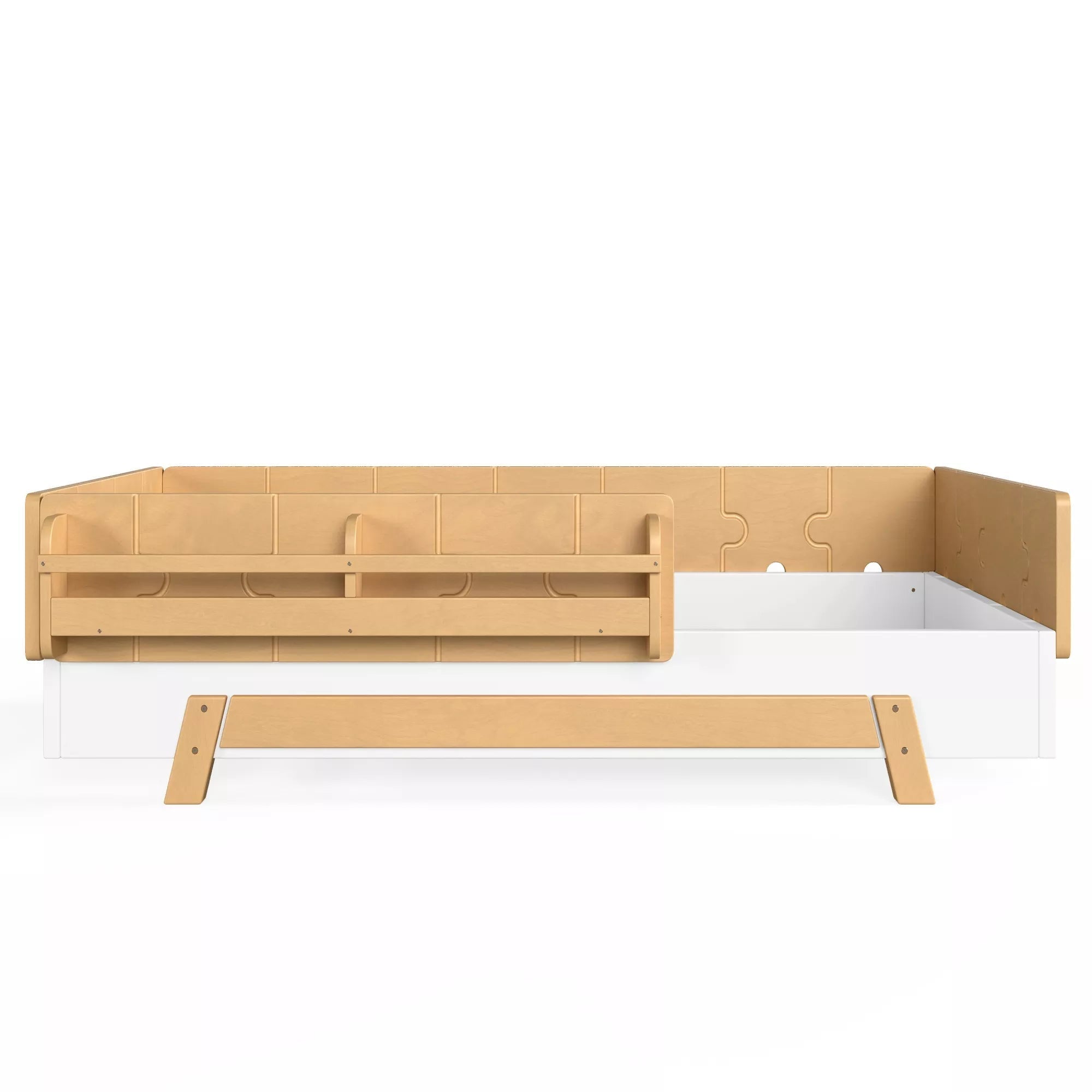 Bellemave® Low Profile Floor Bed with Bookshelves & Guardrails – Solid Wood Twin Montessori - Bellemave