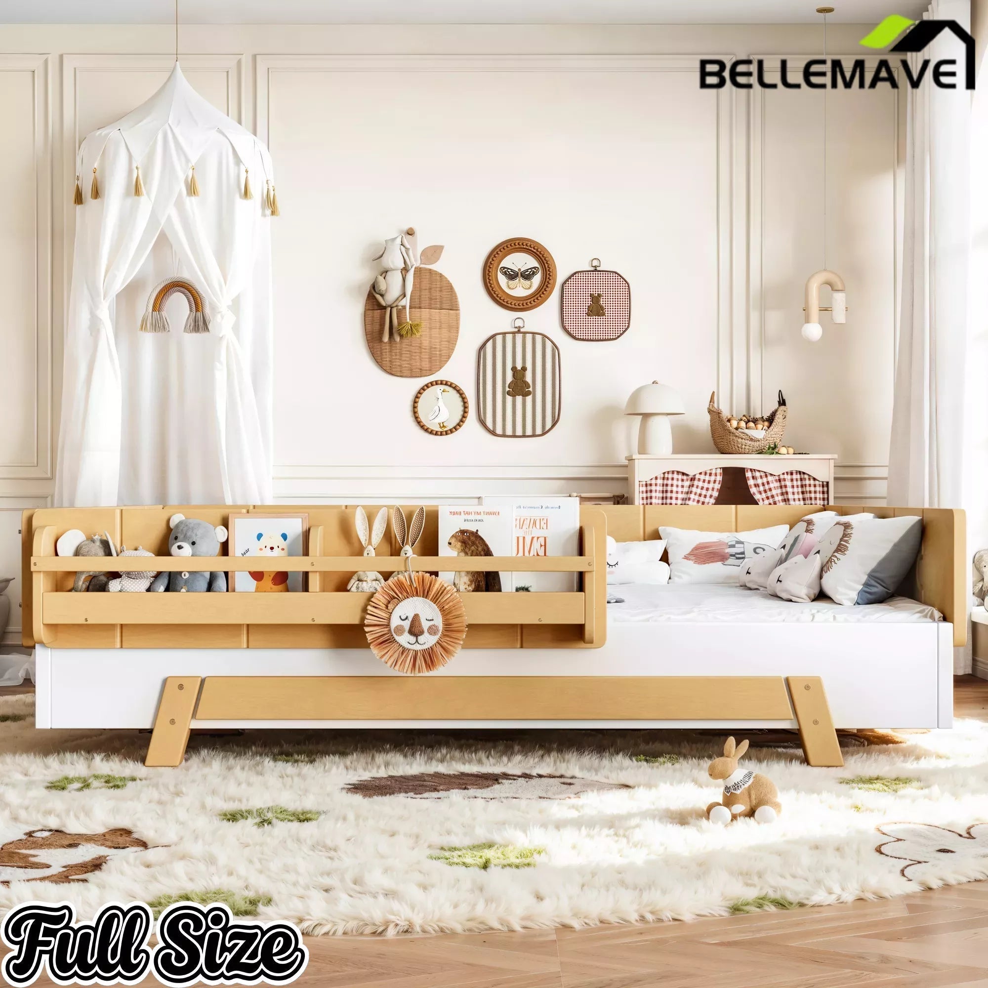 Bellemave® Low Profile Floor Bed with Bookshelves & Guardrails – Solid Wood Twin Montessori - Bellemave