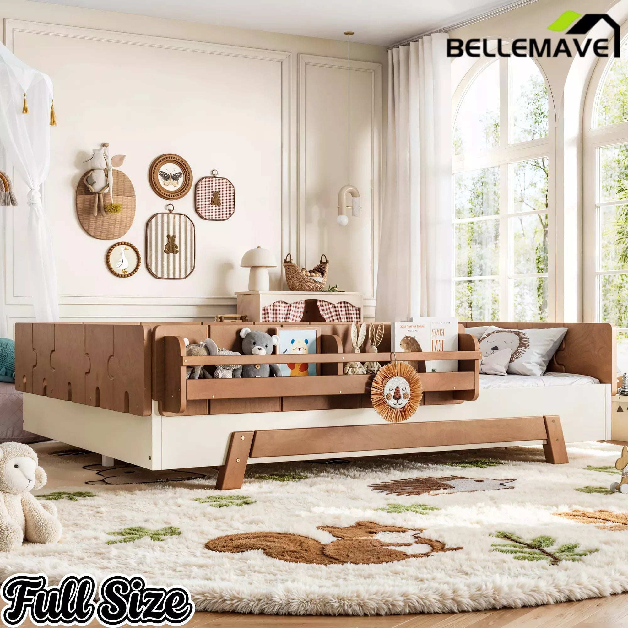 Bellemave® Low Profile Floor Bed with Bookshelves & Guardrails – Solid Wood Twin Montessori - Bellemave