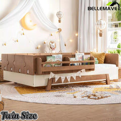 Bellemave® Low Profile Floor Bed with Bookshelves & Guardrails – Solid Wood Twin Montessori - Bellemave
