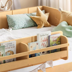 Bellemave® Low Profile Floor Bed with Bookshelves & Guardrails – Solid Wood Twin Montessori - Bellemave
