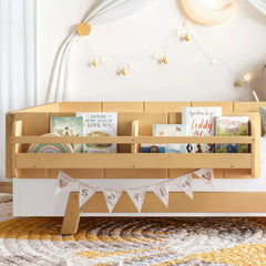 Bellemave® Low Profile Floor Bed with Bookshelves & Guardrails – Solid Wood Twin Montessori - Bellemave