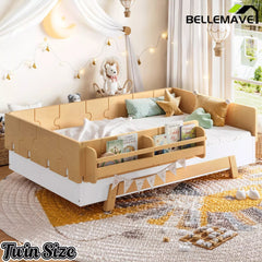 Bellemave® Low Profile Floor Bed with Bookshelves & Guardrails – Solid Wood Twin Montessori - Bellemave