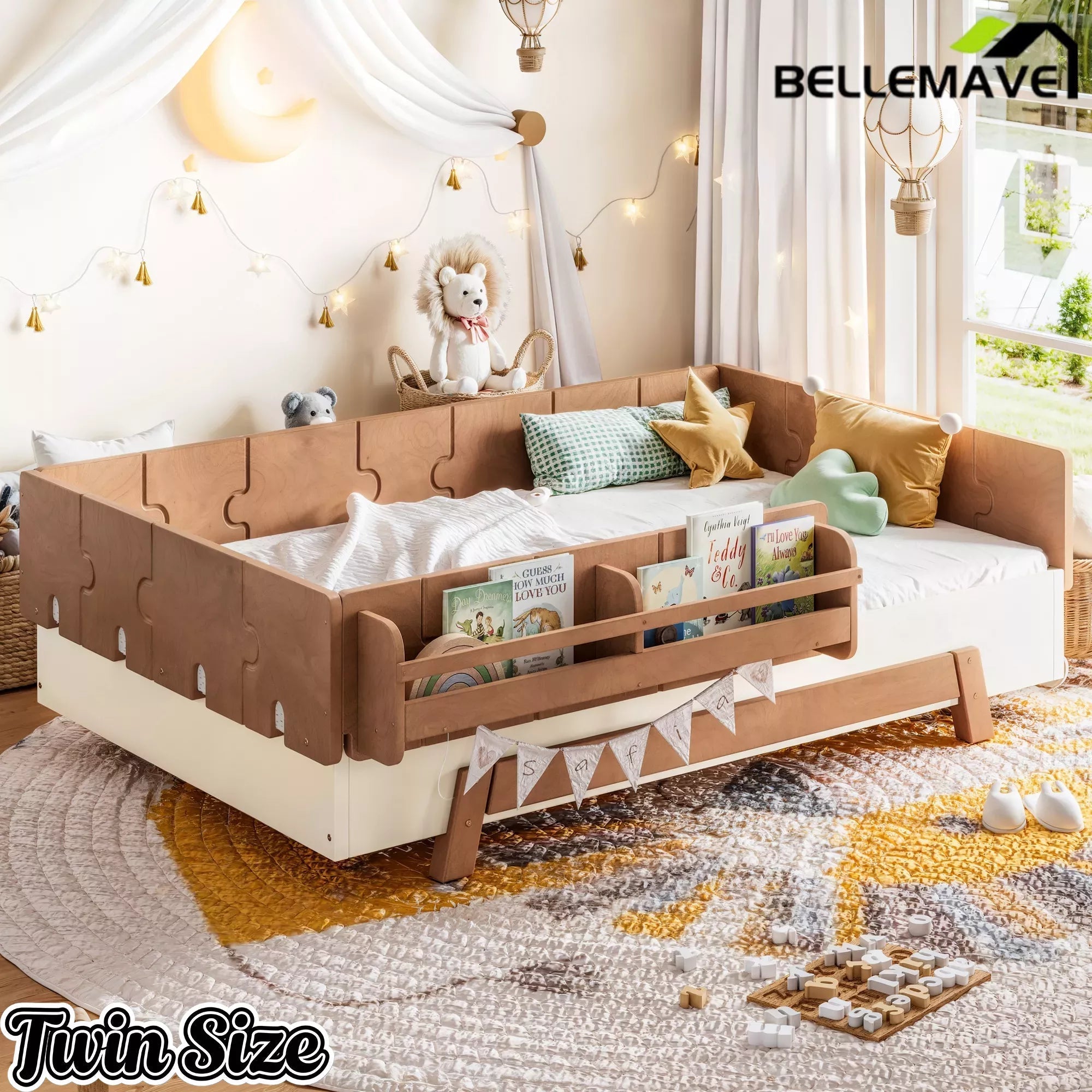 Bellemave® Low Profile Floor Bed with Bookshelves & Guardrails – Solid Wood Twin Montessori - Bellemave