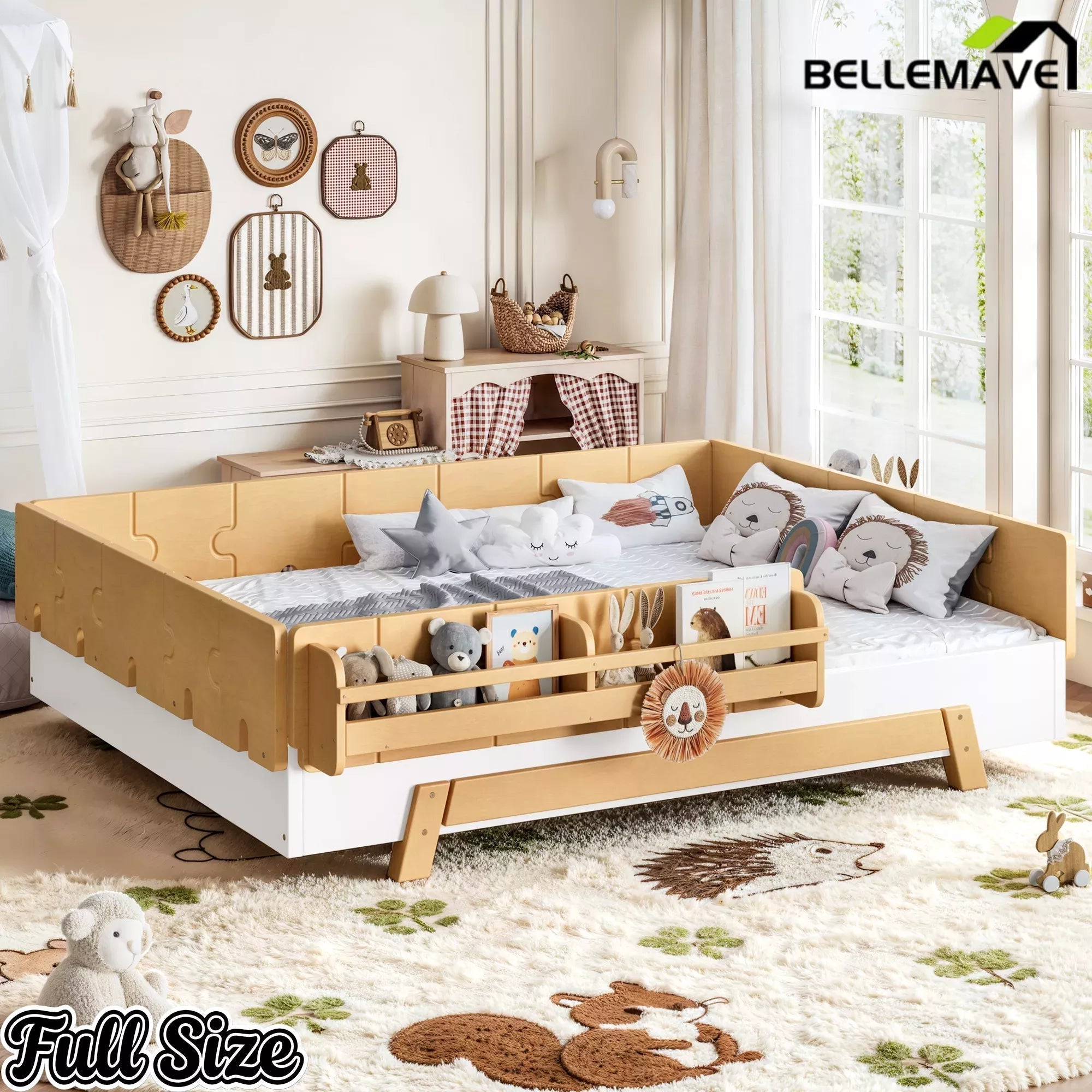 Bellemave® Low Profile Floor Bed with Bookshelves & Guardrails – Solid Wood Twin Montessori - Bellemave