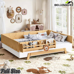 Bellemave® Low Profile Floor Bed with Bookshelves & Guardrails – Solid Wood Twin Montessori - Bellemave