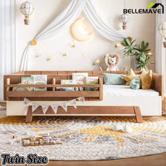 Bellemave® Low Profile Floor Bed with Bookshelves & Guardrails – Solid Wood Twin Montessori - Bellemave