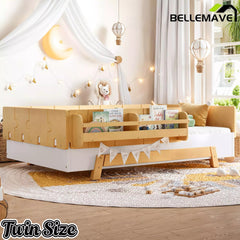 Bellemave® Low Profile Floor Bed with Bookshelves & Guardrails – Solid Wood Twin Montessori - Bellemave