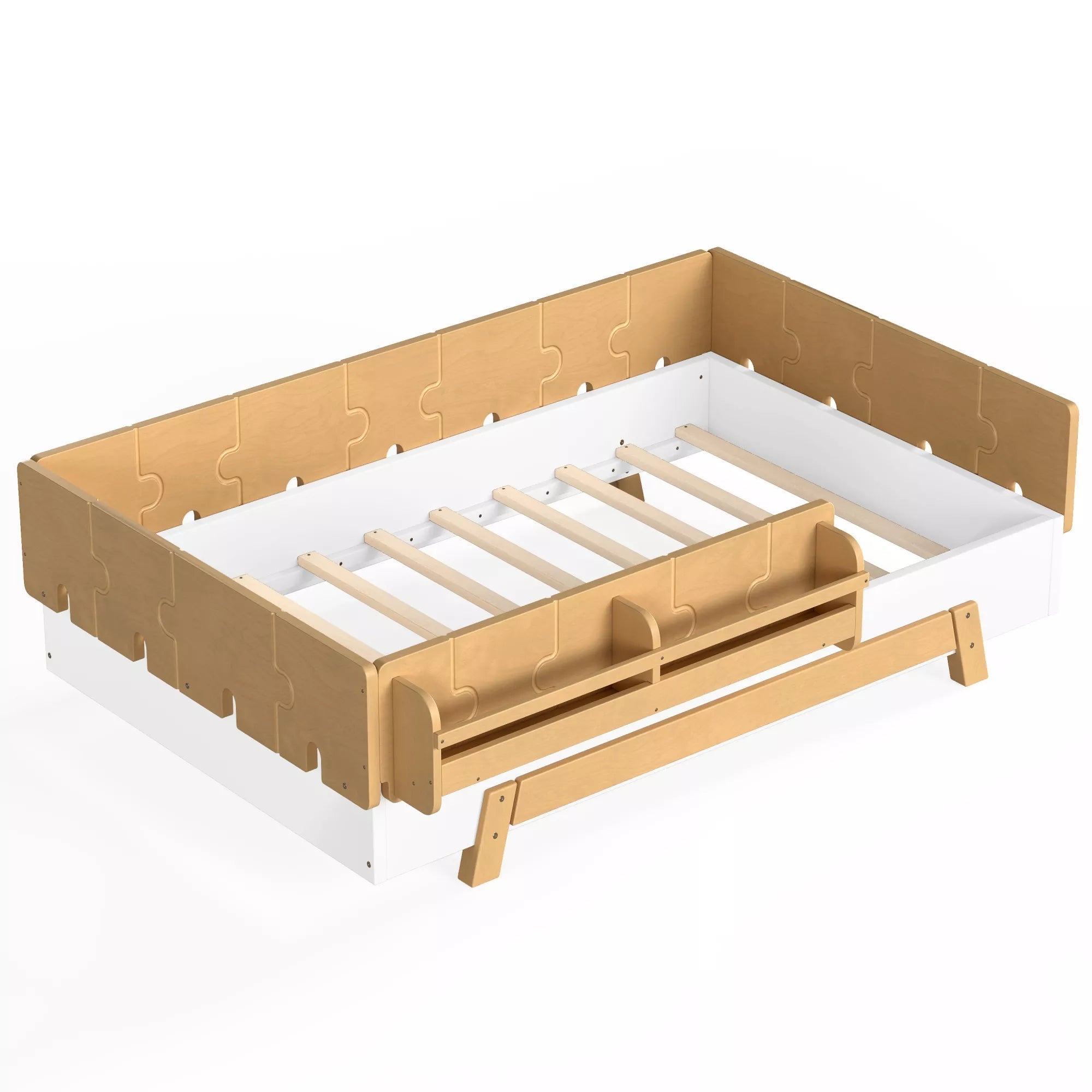 Bellemave® Low Profile Floor Bed with Bookshelves & Guardrails – Solid Wood Twin Montessori - Bellemave
