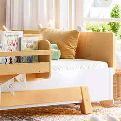 Bellemave® Low Profile Floor Bed with Bookshelves & Guardrails – Solid Wood Twin Montessori - Bellemave