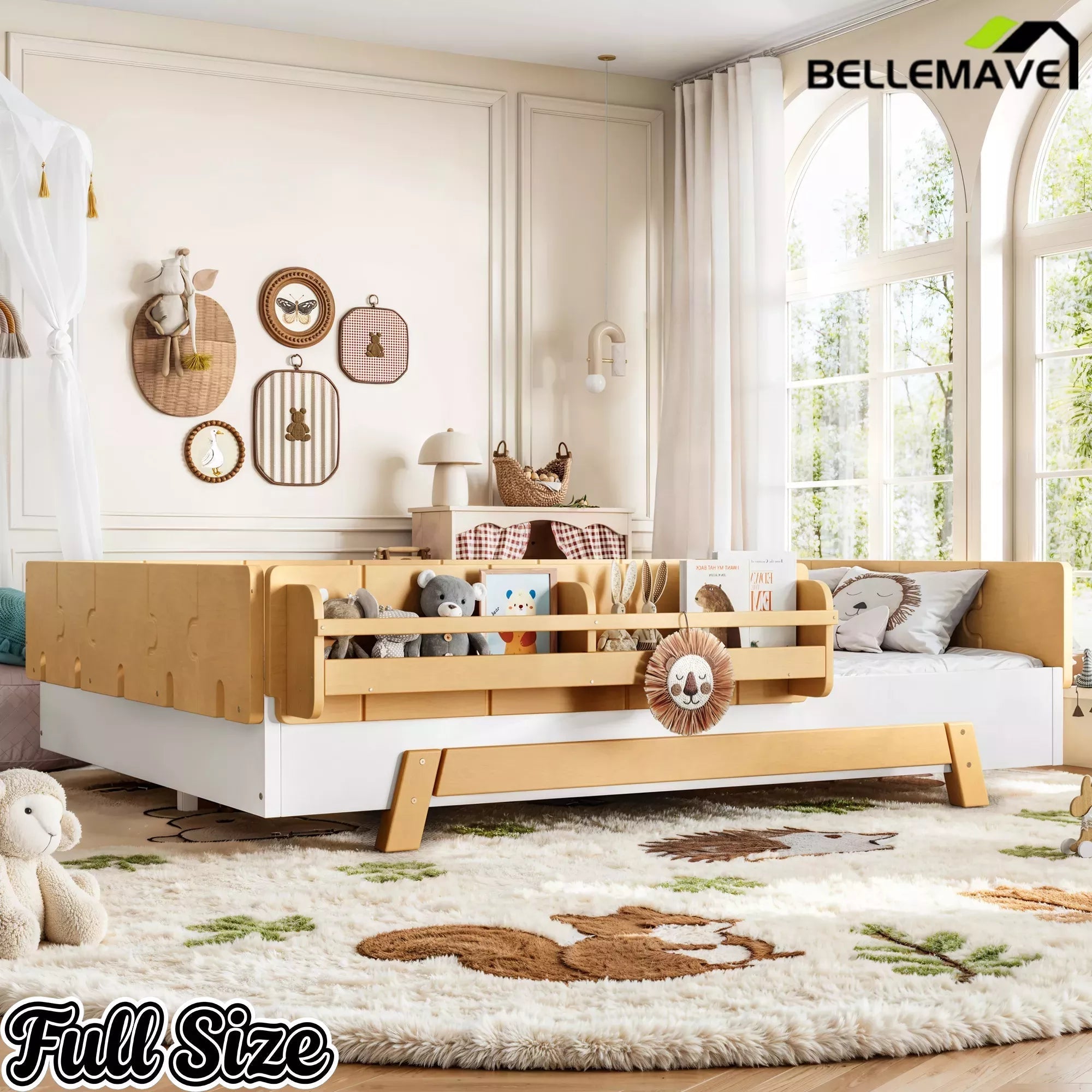 Bellemave® Low Profile Floor Bed with Bookshelves & Guardrails – Solid Wood Twin Montessori - Bellemave