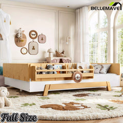 Bellemave® Low Profile Floor Bed with Bookshelves & Guardrails – Solid Wood Twin Montessori - Bellemave