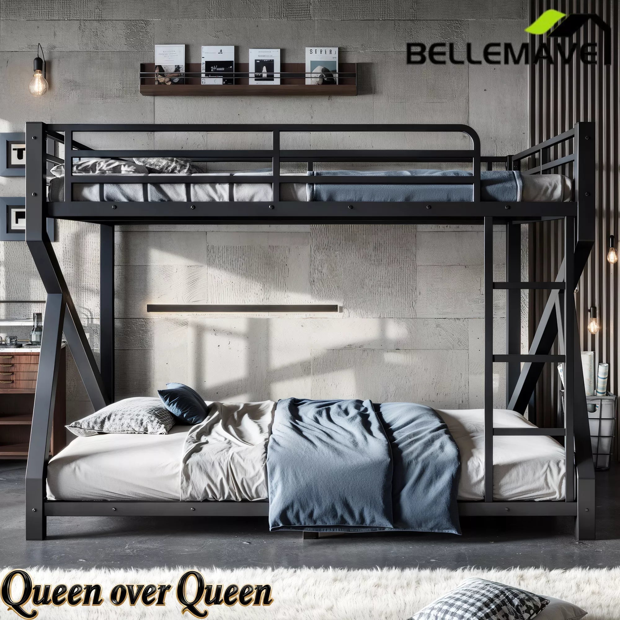 Queen over Queen low profile bunk bed in black finish