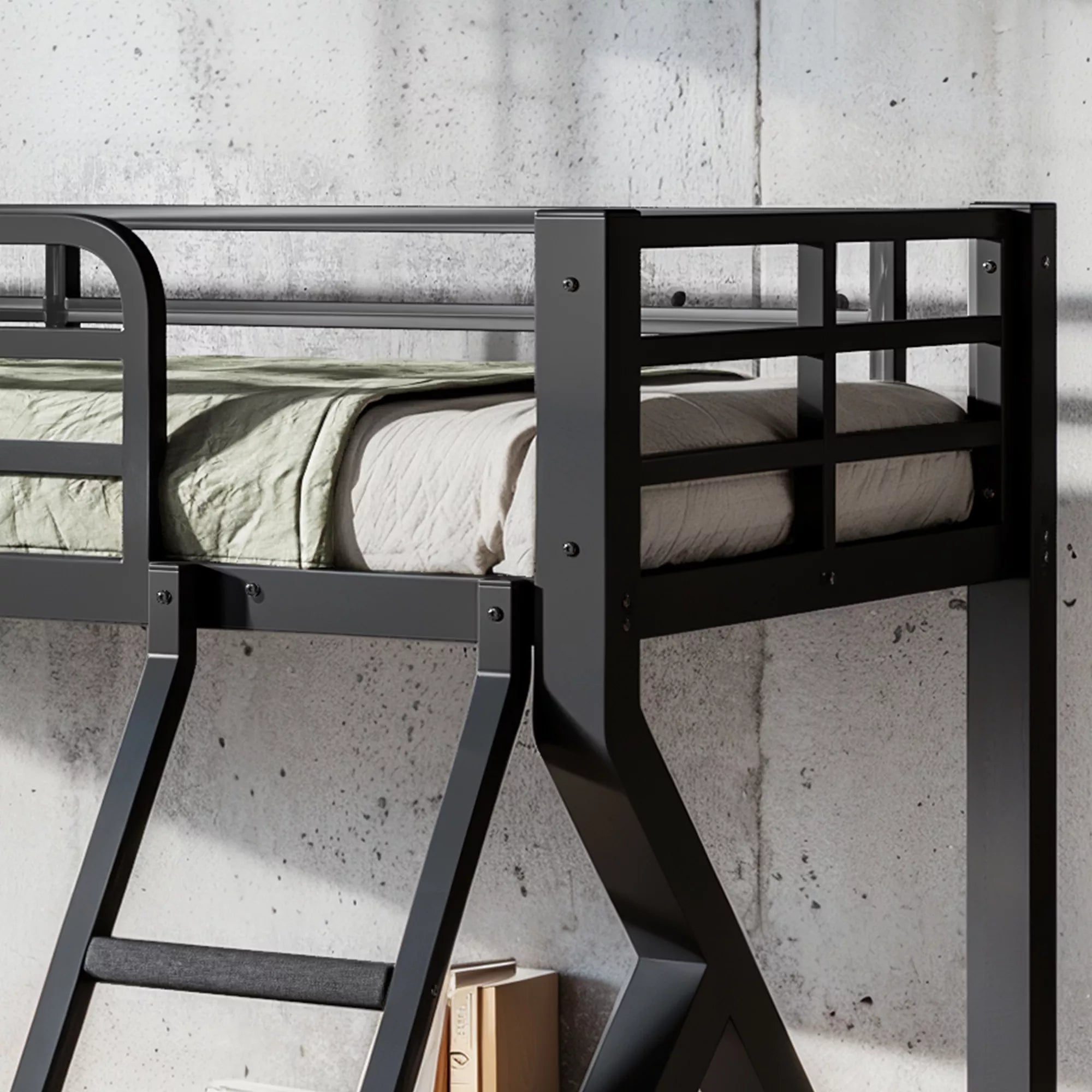 Close-up of low profile metal bunk bed ladder and safety guardrail