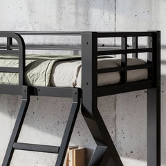 Close-up of low profile metal bunk bed ladder and safety guardrail