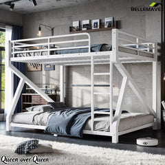 Low profile white Queen over Queen bunk bed