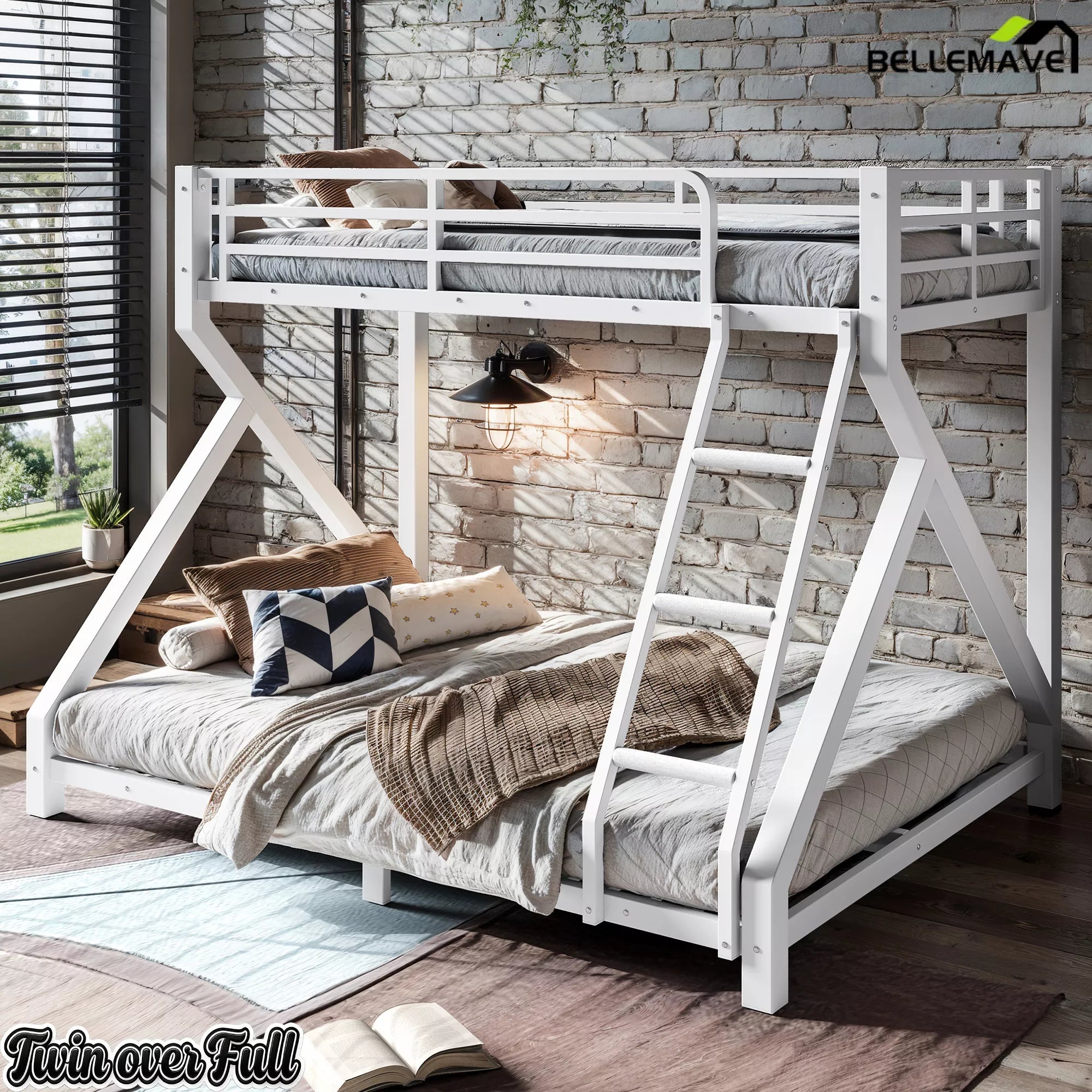 White Twin over Full metal bunk bed