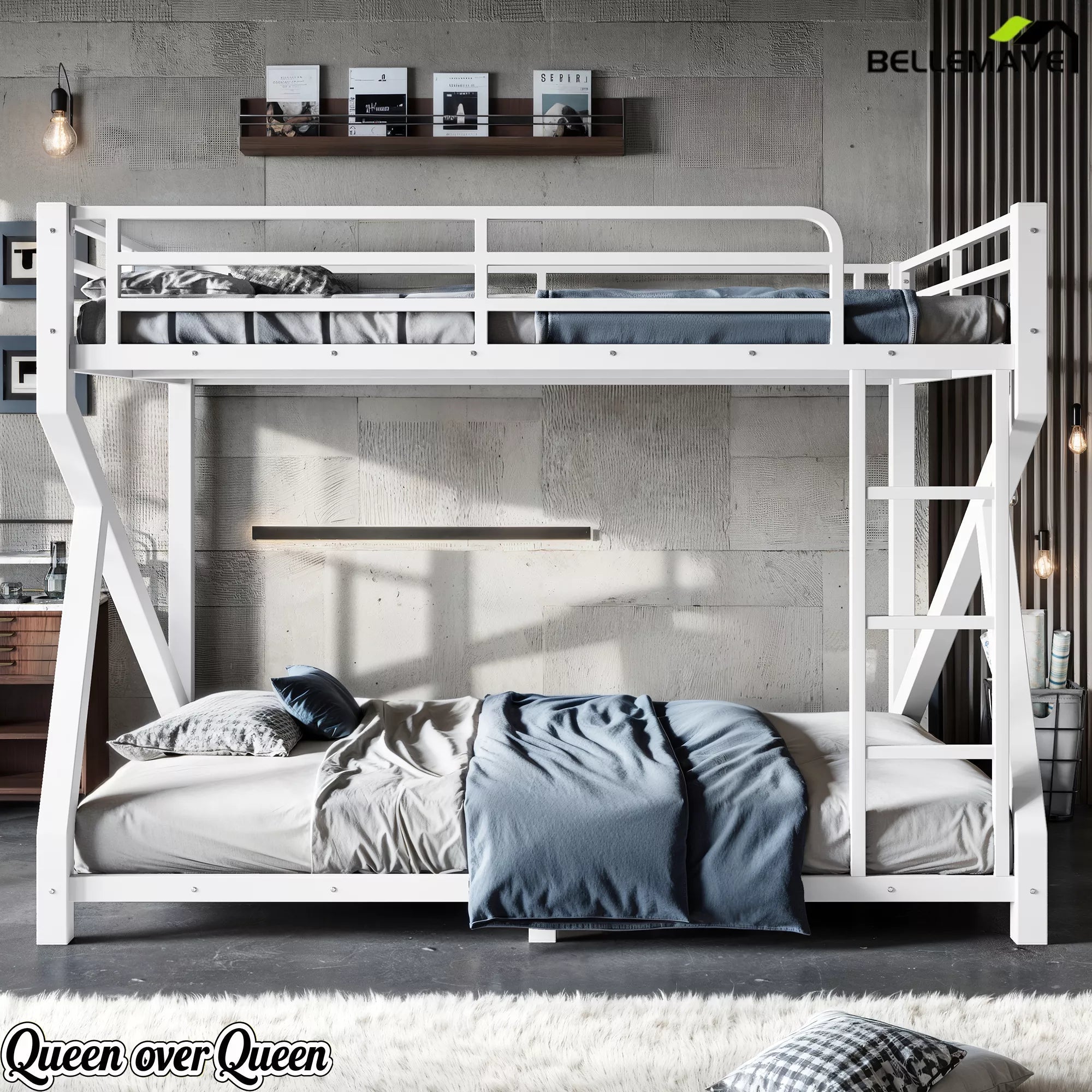Queen over Queen white metal bunk bed frame