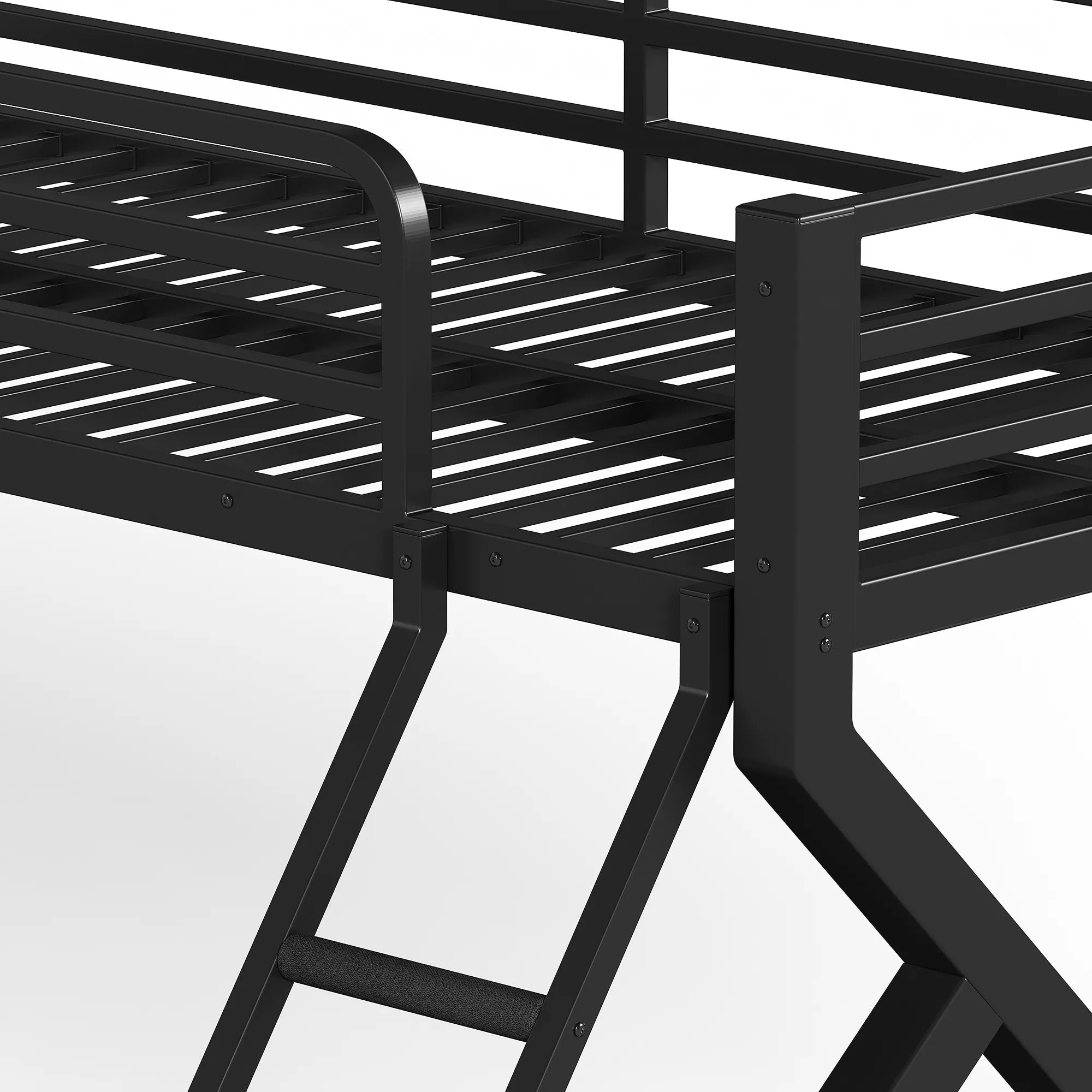 Detail view of metal bunk bed support frame and ladder