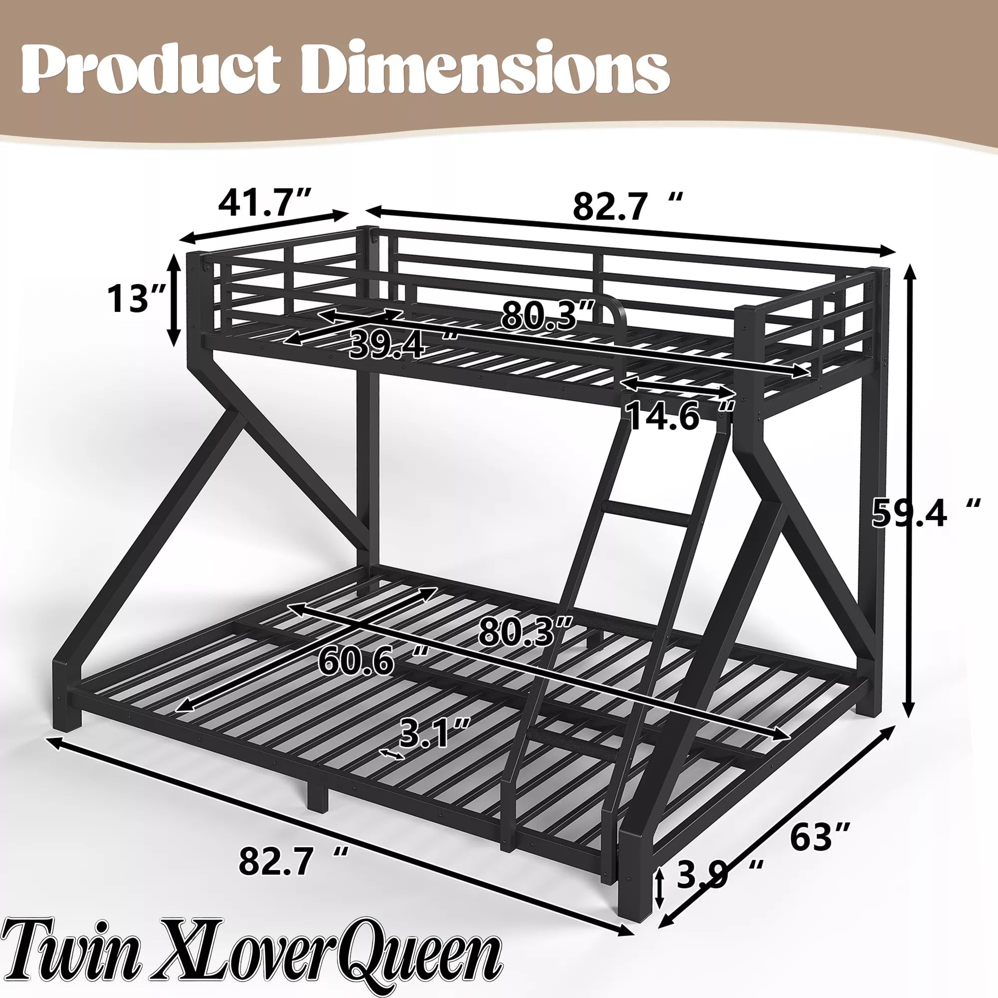 Twin XL over Queen metal bunk bed dimensions