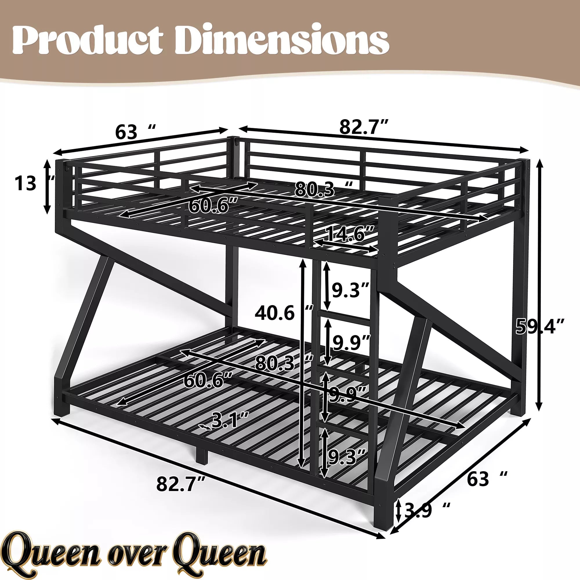 Queen over Queen metal bunk bed dimensions