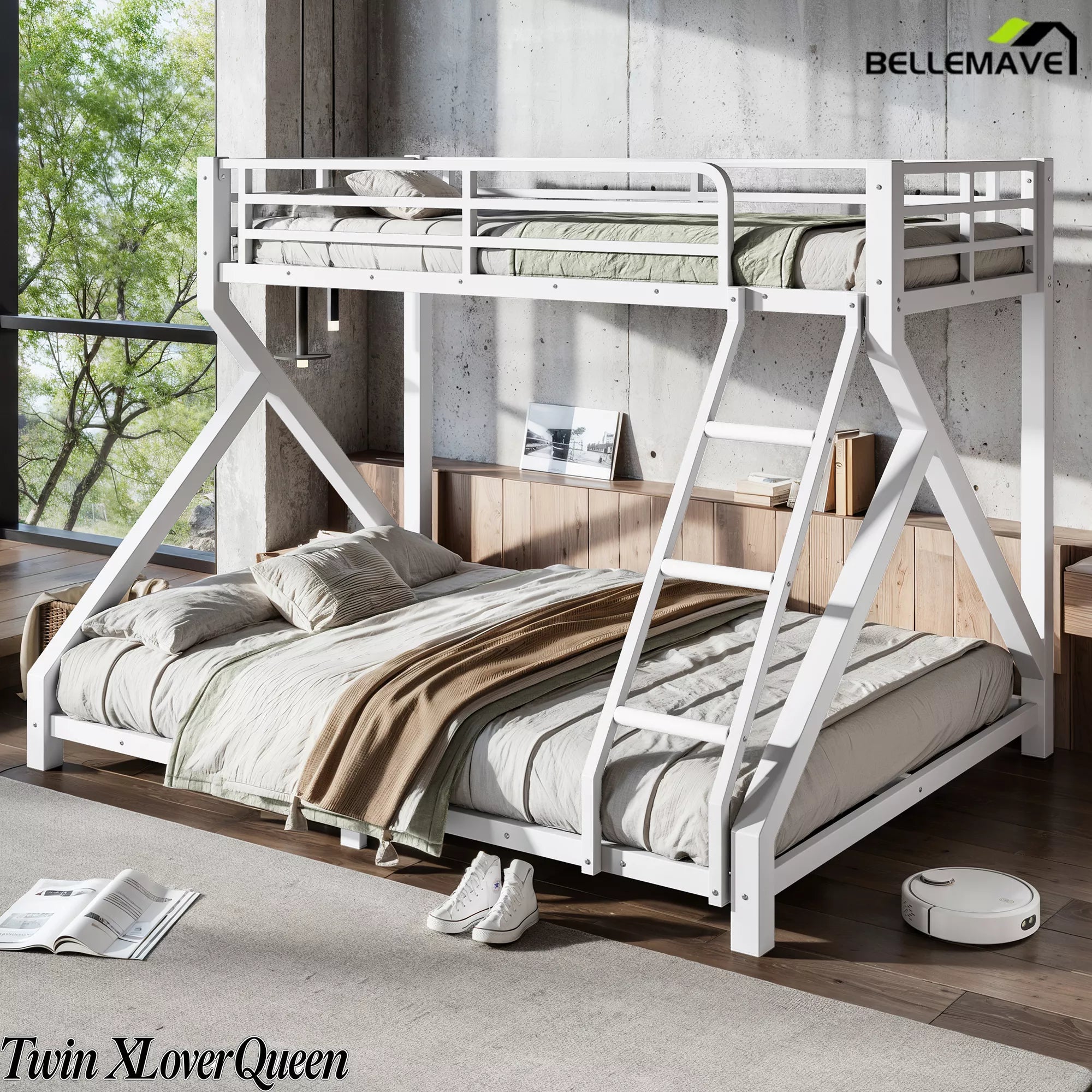 White Twin XL over Queen metal bunk bed