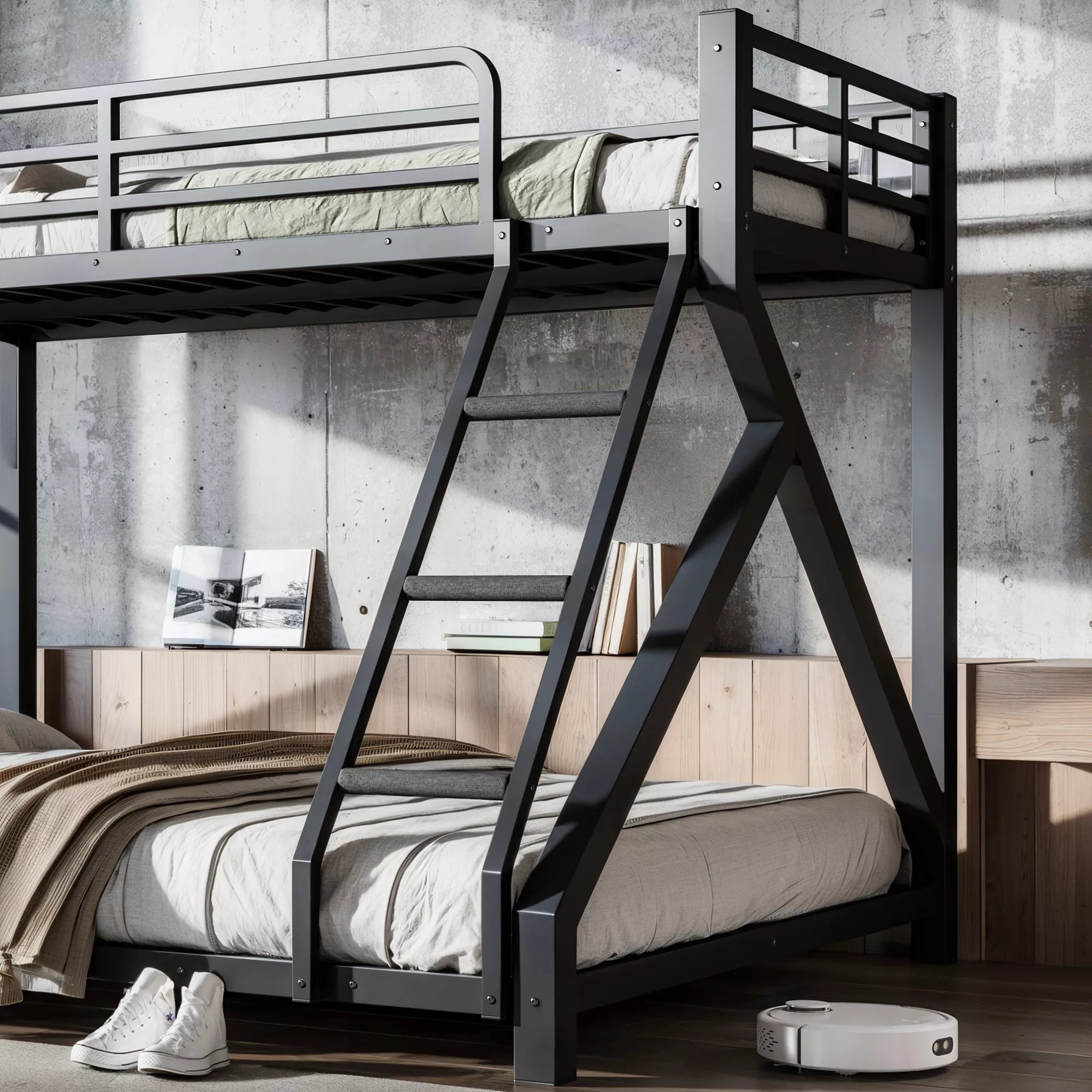 Low profile metal bunk bed with ladder and full support slats