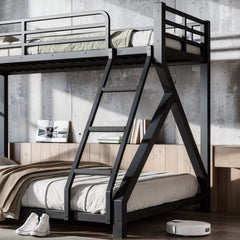 Low profile metal bunk bed with ladder and full support slats