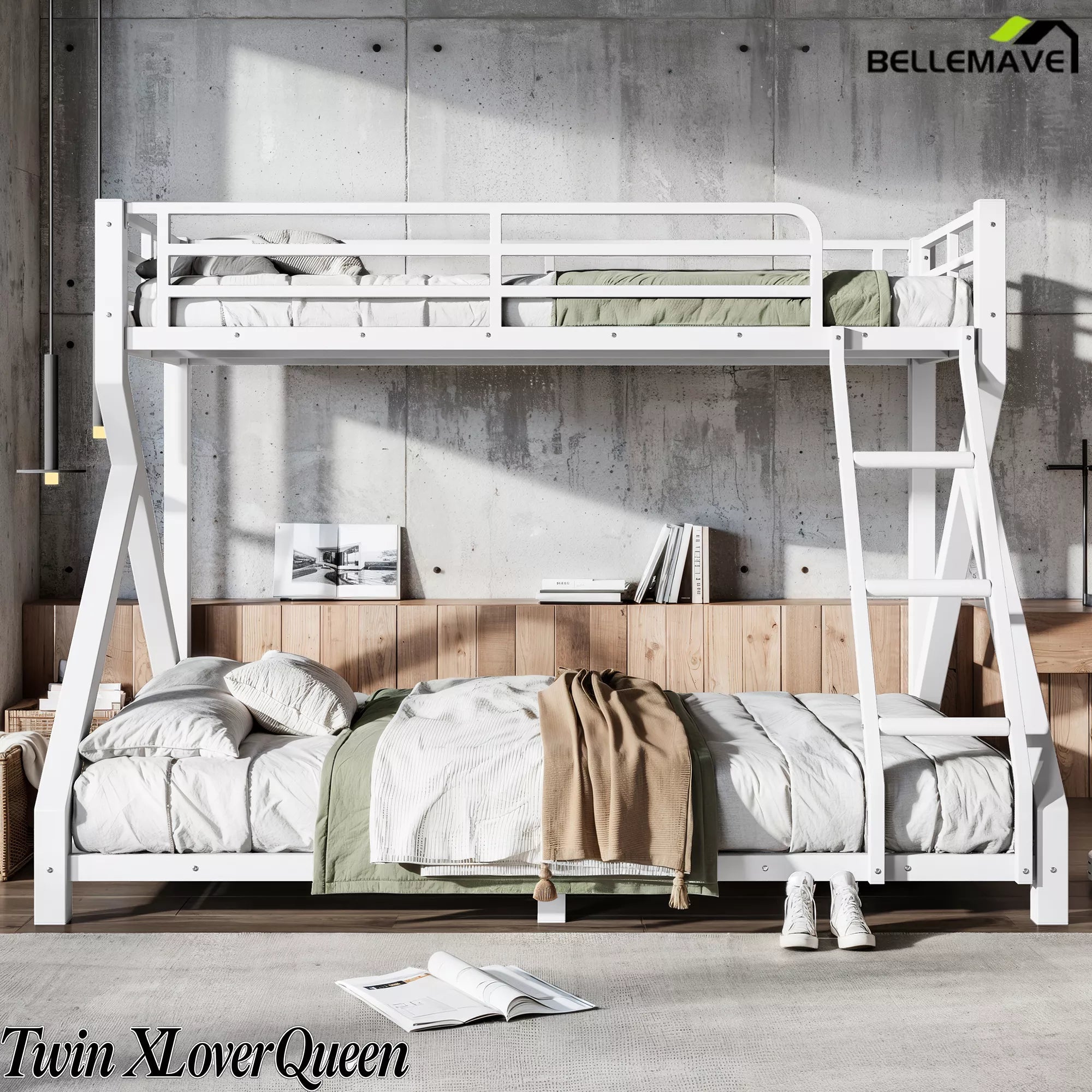 Twin XL over Queen white bunk bed frame