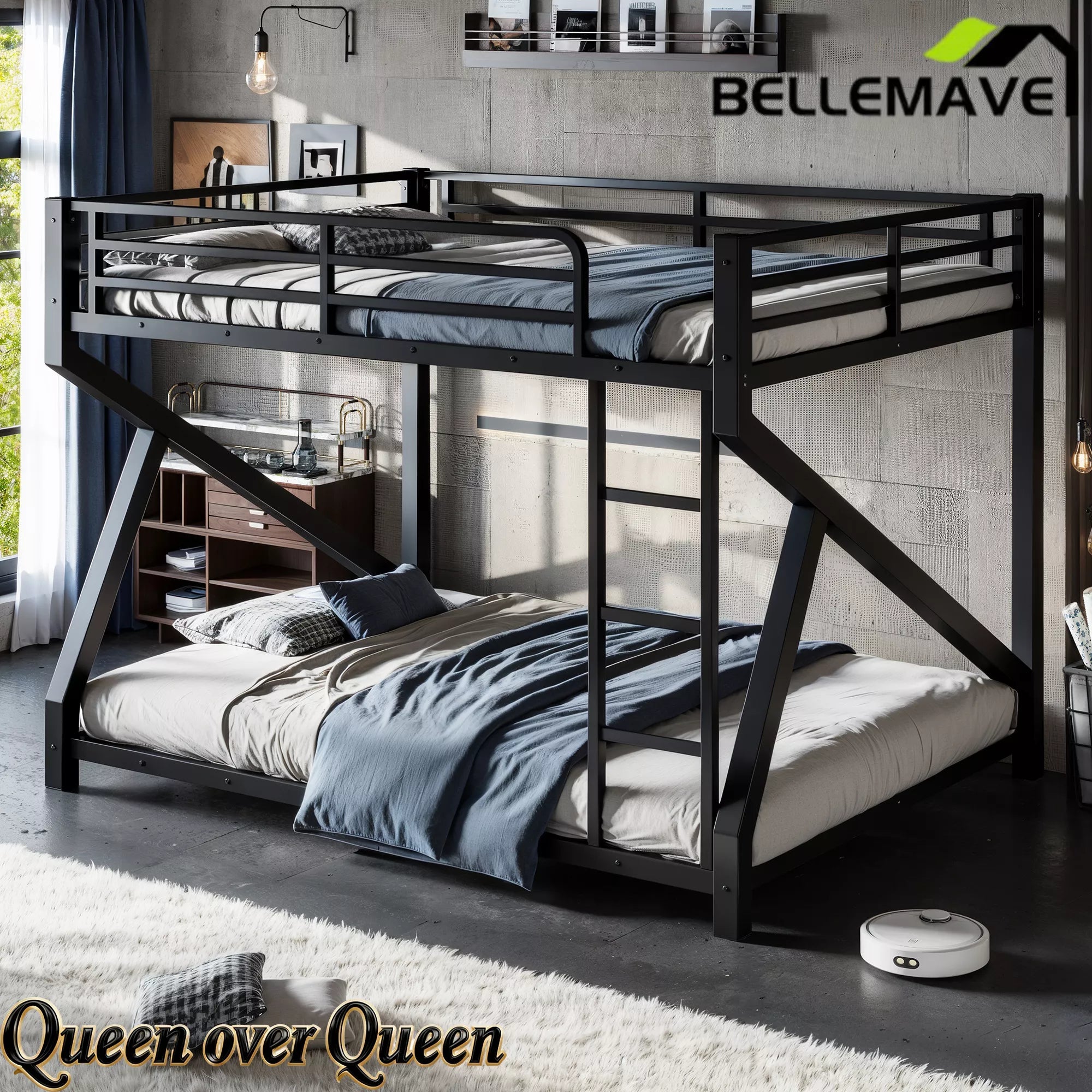 Queen over Queen metal bunk bed with ladder