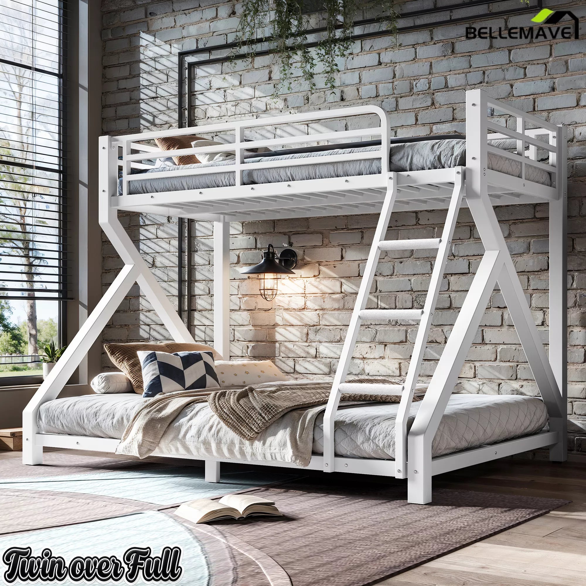 Low profile white Twin over Full metal bunk bed