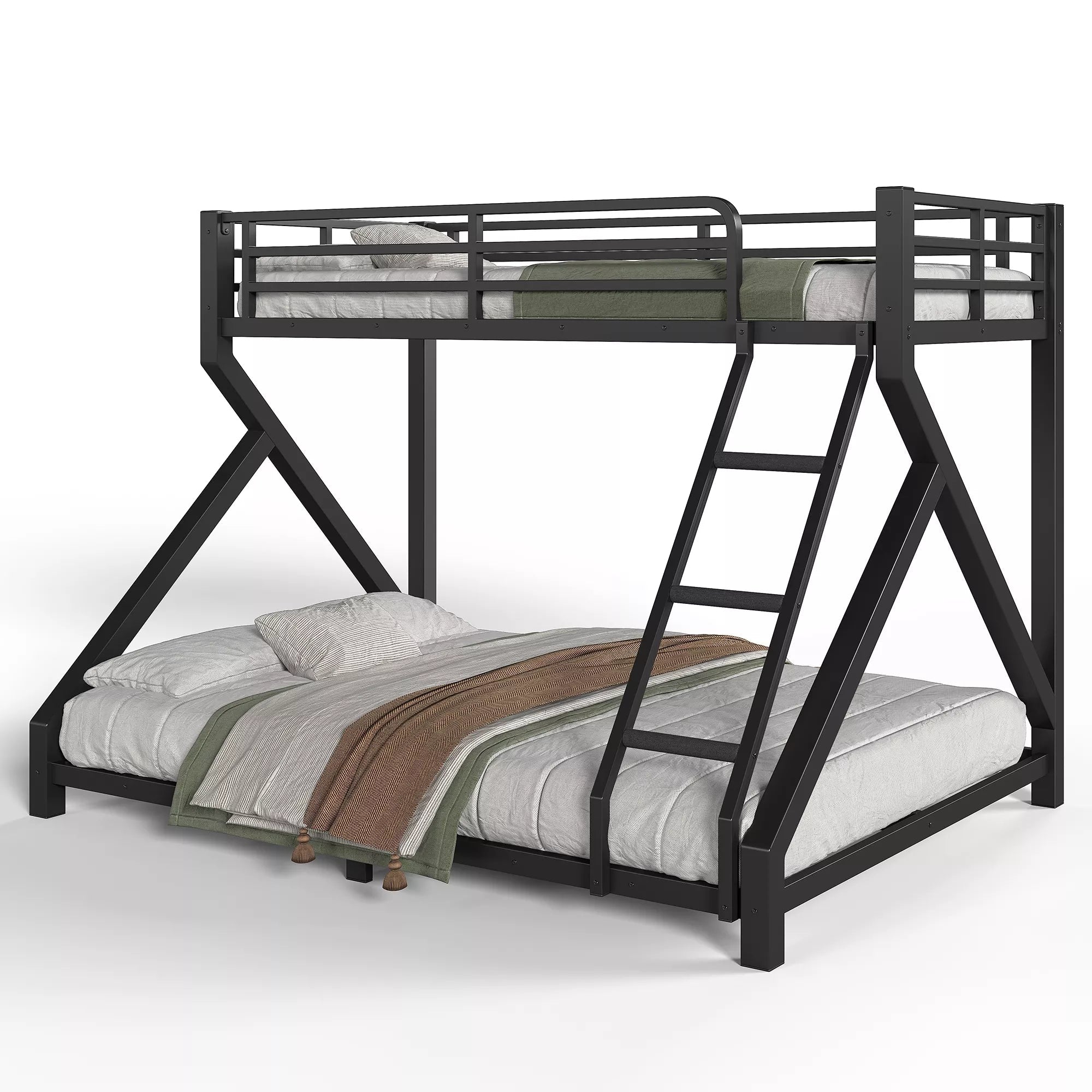 Low profile bunk bed with sturdy metal frame and ladder