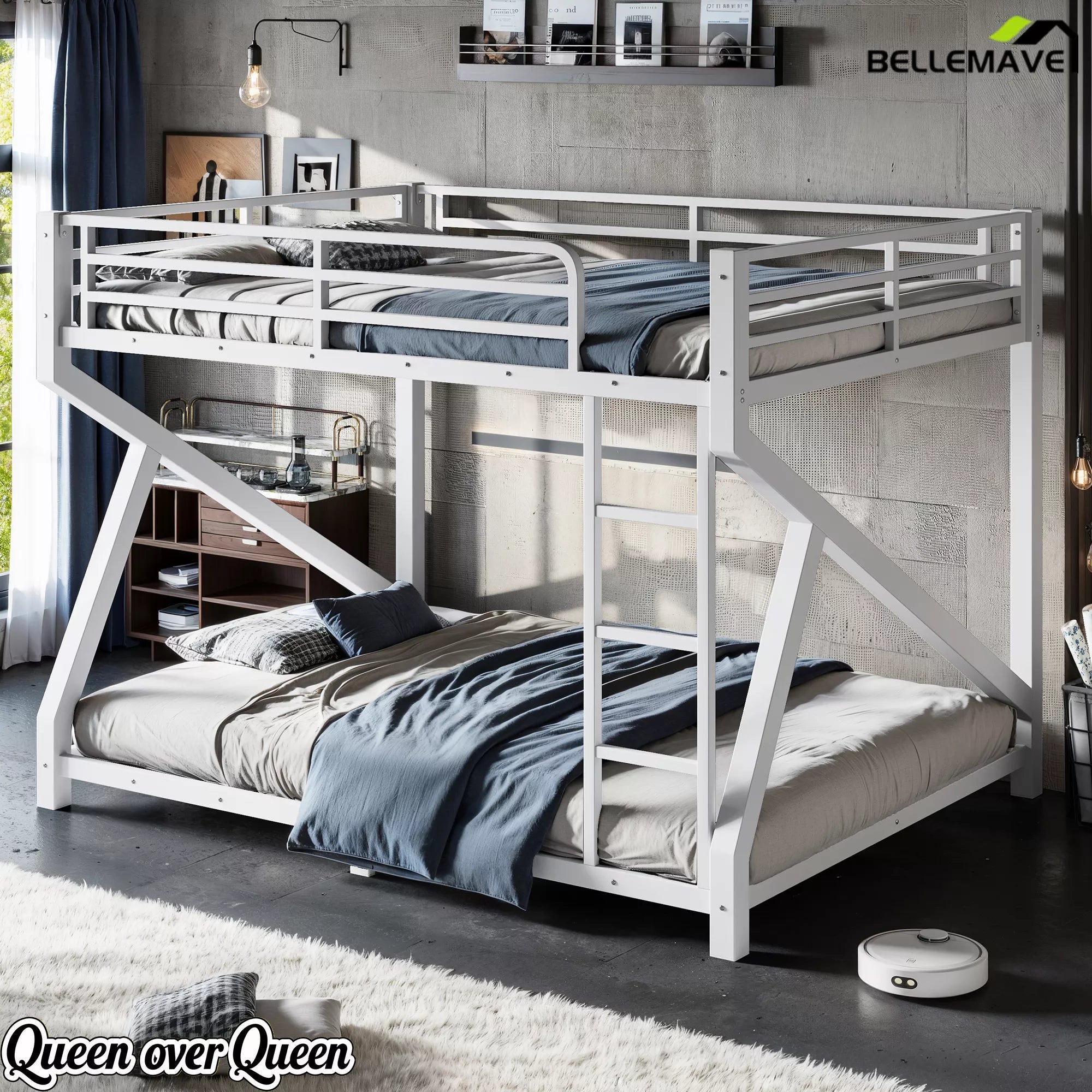 White Queen over Queen metal bunk bed