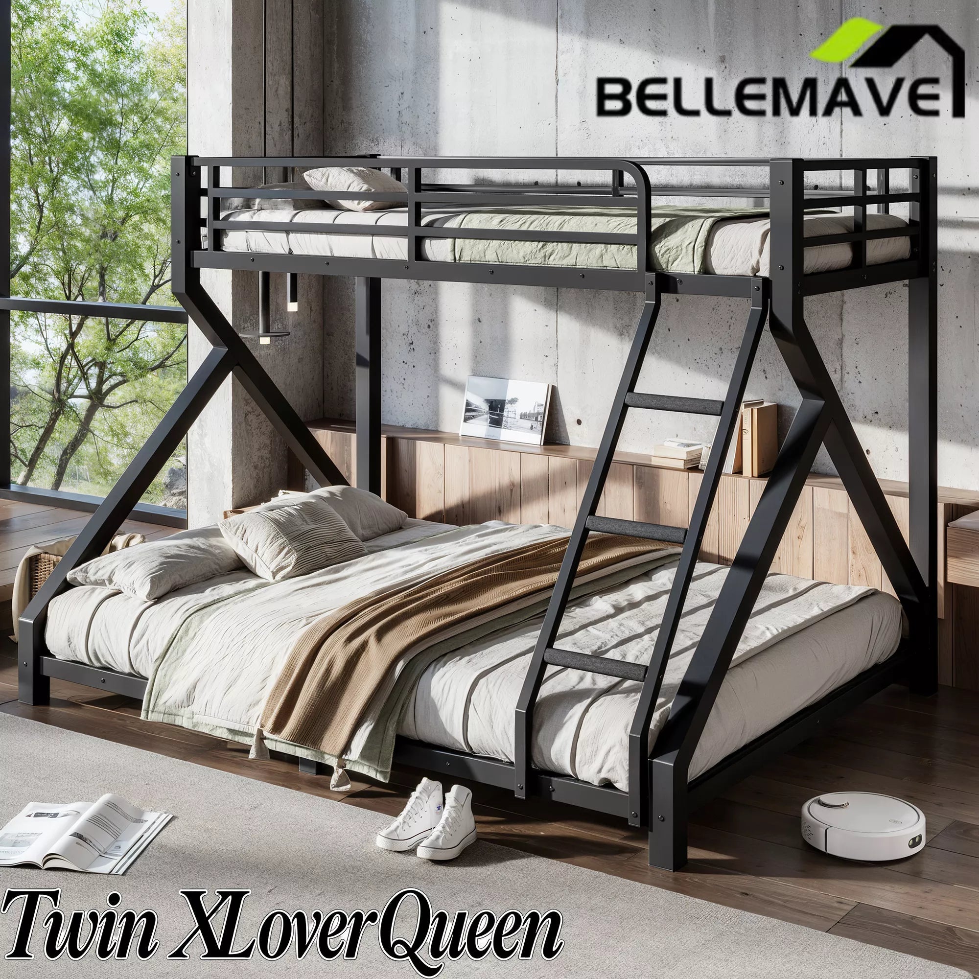 Twin XL over Queen metal bunk bed with ladder