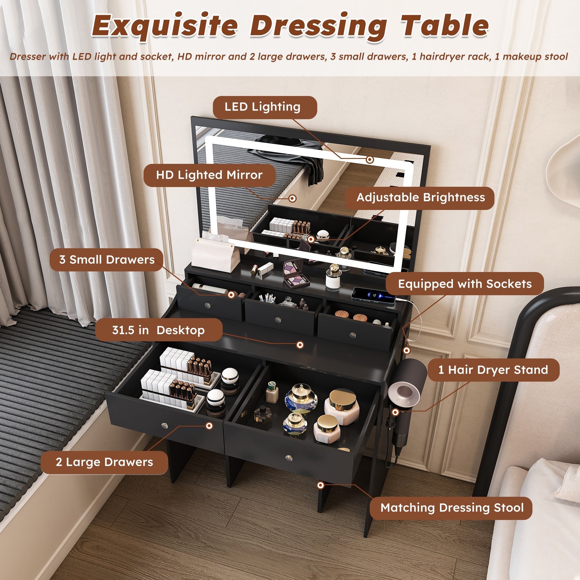 Bellemave® Makeup Vanity Desk Set with LED Lighted Mirror, Power Outlet, 5 Drawers, Hairdryer Rack and Chair for Women Girls Bedroom, Black - Bellemave
