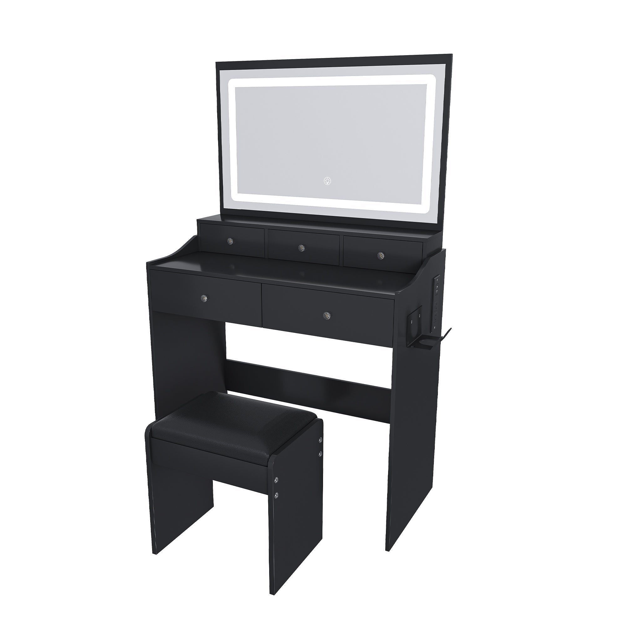 Bellemave® Makeup Vanity Desk Set with LED Lighted Mirror, Power Outlet, 5 Drawers, Hairdryer Rack and Chair for Women Girls Bedroom, Black - Bellemave