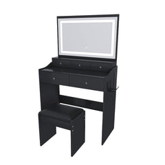 Bellemave® Makeup Vanity Desk Set with LED Lighted Mirror, Power Outlet, 5 Drawers, Hairdryer Rack and Chair for Women Girls Bedroom, Black - Bellemave