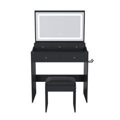 Bellemave® Makeup Vanity Desk Set with LED Lighted Mirror, Power Outlet, 5 Drawers, Hairdryer Rack and Chair for Women Girls Bedroom, Black - Bellemave