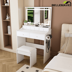 Bellemave® Makeup Vanity Desk Set with LED Lighted Mirror, Power Outlet, 5 Drawers, Hairdryer Rack and Chair for Women Girls Bedroom, Black - Bellemave