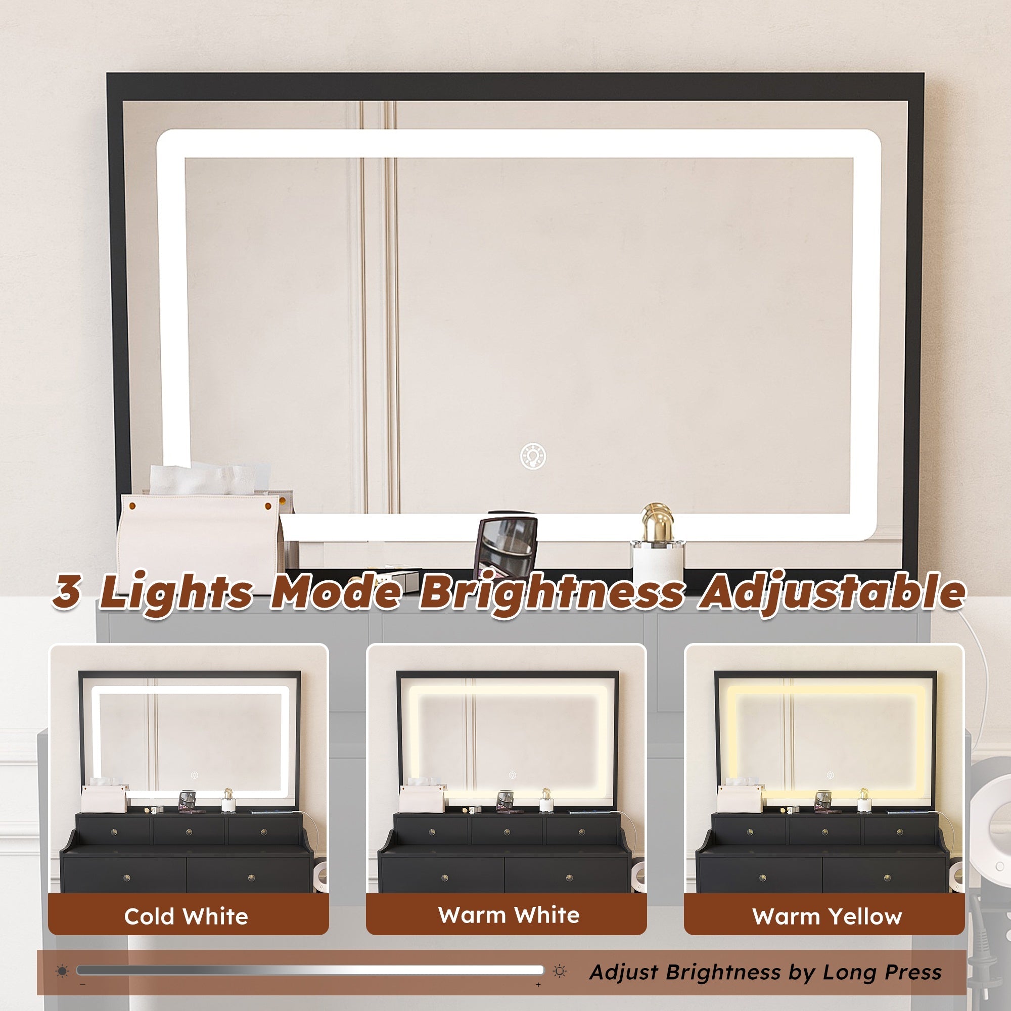 Bellemave® Makeup Vanity Desk Set with LED Lighted Mirror, Power Outlet, 5 Drawers, Hairdryer Rack and Chair for Women Girls Bedroom, Black - Bellemave