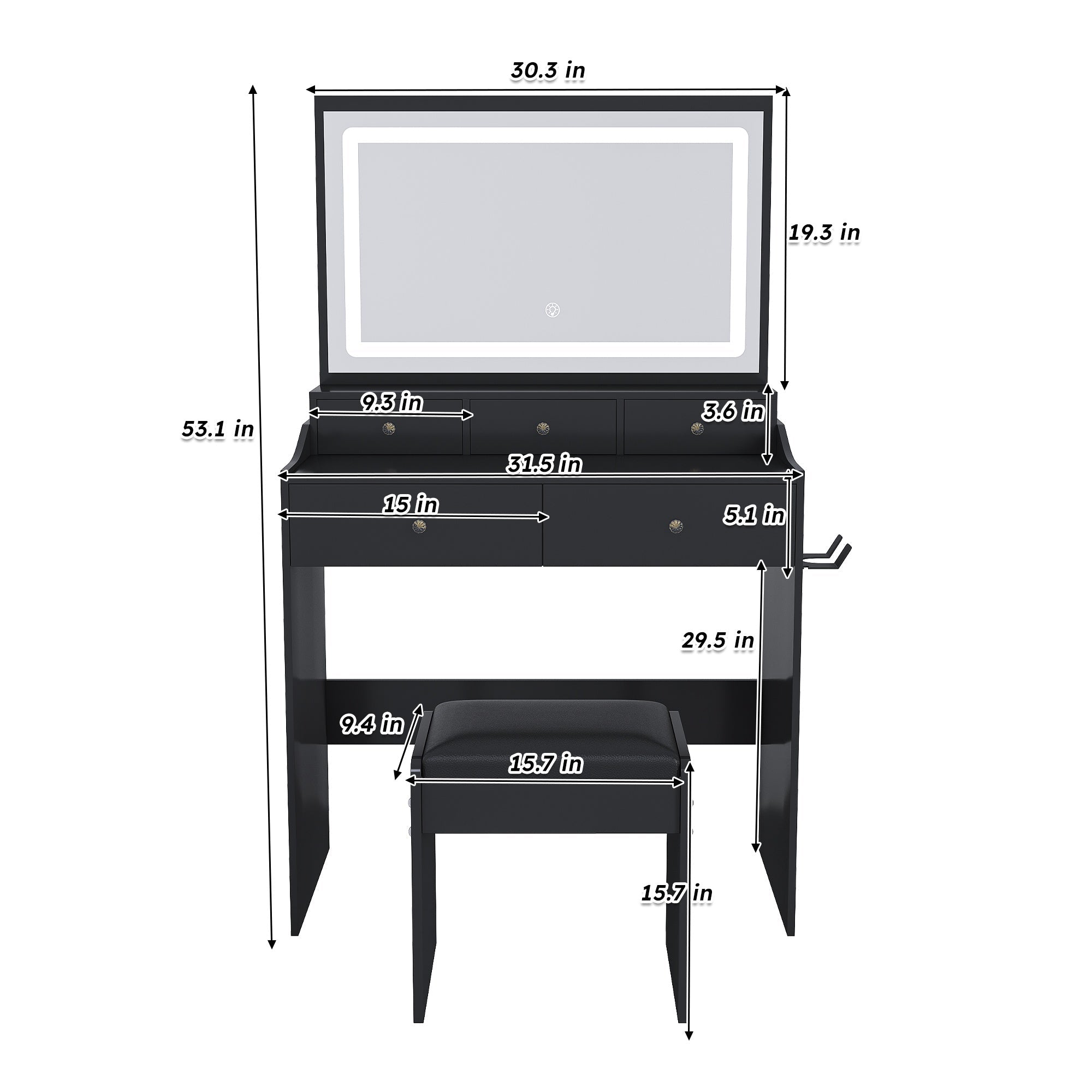 Bellemave® Makeup Vanity Desk Set with LED Lighted Mirror, Power Outlet, 5 Drawers, Hairdryer Rack and Chair for Women Girls Bedroom, Black - Bellemave
