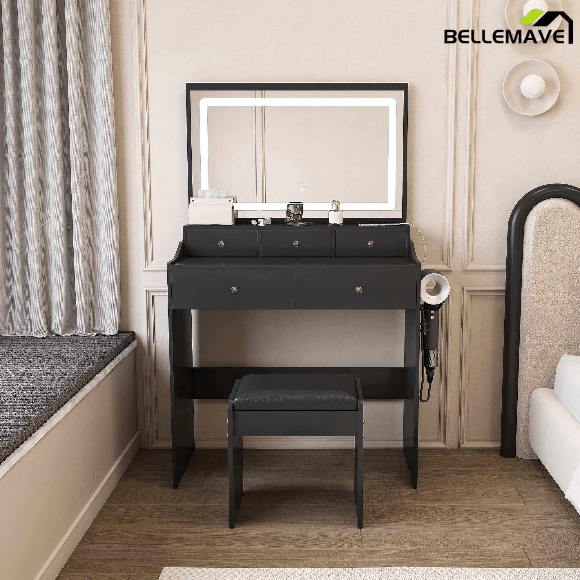 Bellemave® Makeup Vanity Desk Set with LED Lighted Mirror, Power Outlet, 5 Drawers, Hairdryer Rack and Chair for Women Girls Bedroom, Black - Bellemave