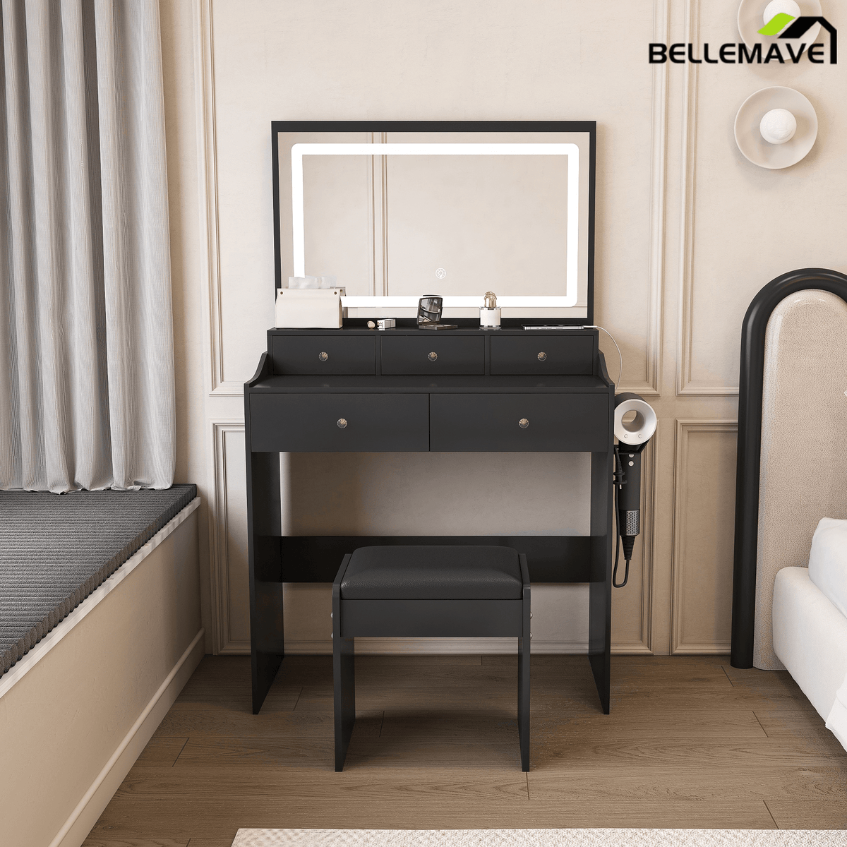 Bellemave® Makeup Vanity Desk Set with LED Lighted Mirror, Power Outlet, 5 Drawers, Hairdryer Rack and Chair for Women Girls Bedroom, Black - Bellemave