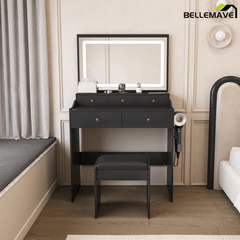 Bellemave® Makeup Vanity Desk Set with LED Lighted Mirror, Power Outlet, 5 Drawers, Hairdryer Rack and Chair for Women Girls Bedroom, Black - Bellemave