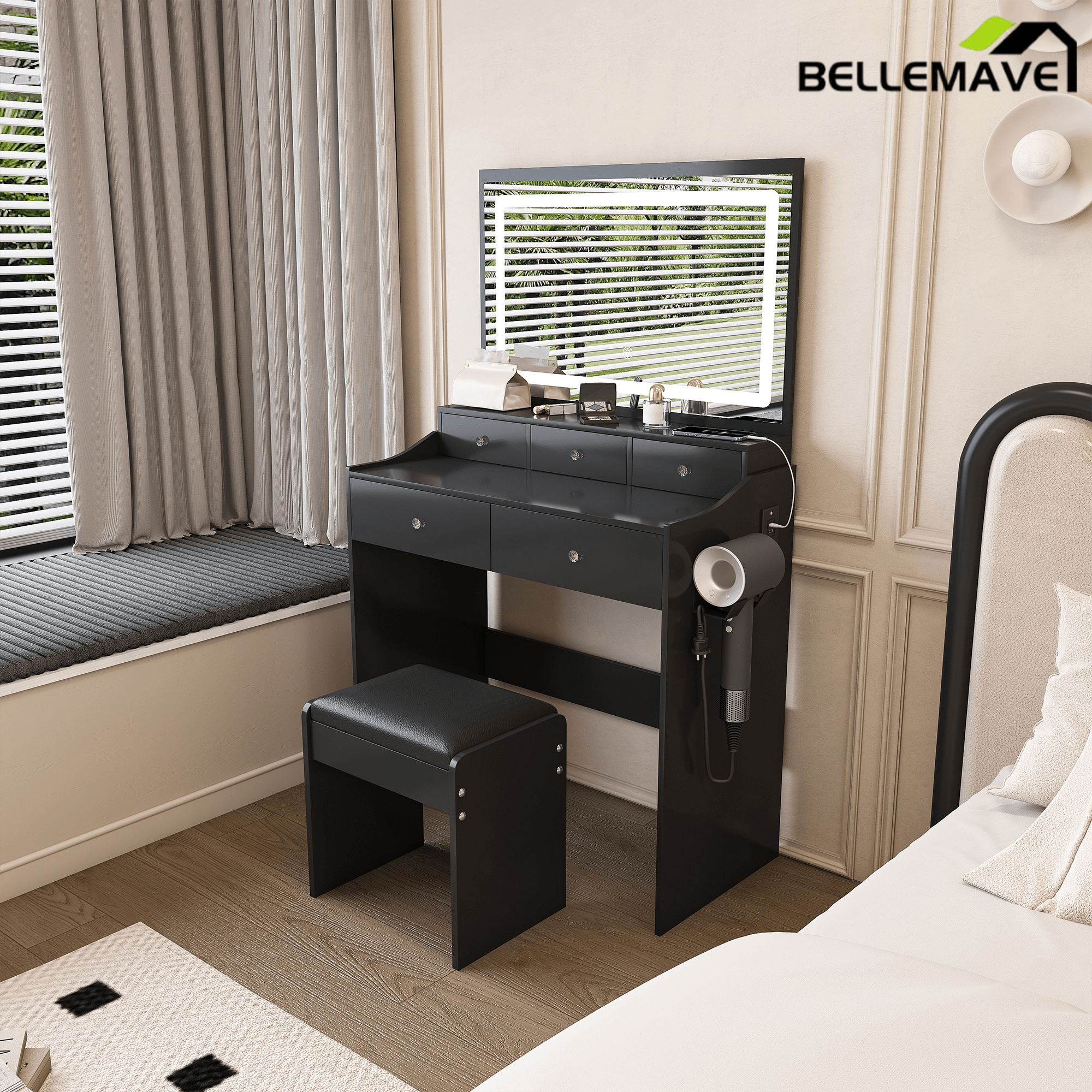 Bellemave® Makeup Vanity Desk Set with LED Lighted Mirror, Power Outlet, 5 Drawers, Hairdryer Rack and Chair for Women Girls Bedroom, Black - Bellemave