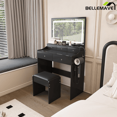 Bellemave® Makeup Vanity Desk Set with LED Lighted Mirror, Power Outlet, 5 Drawers, Hairdryer Rack and Chair for Women Girls Bedroom, Black - Bellemave