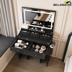 Bellemave® Makeup Vanity Desk Set with LED Lighted Mirror, Power Outlet, 5 Drawers, Hairdryer Rack and Chair for Women Girls Bedroom, Black - Bellemave