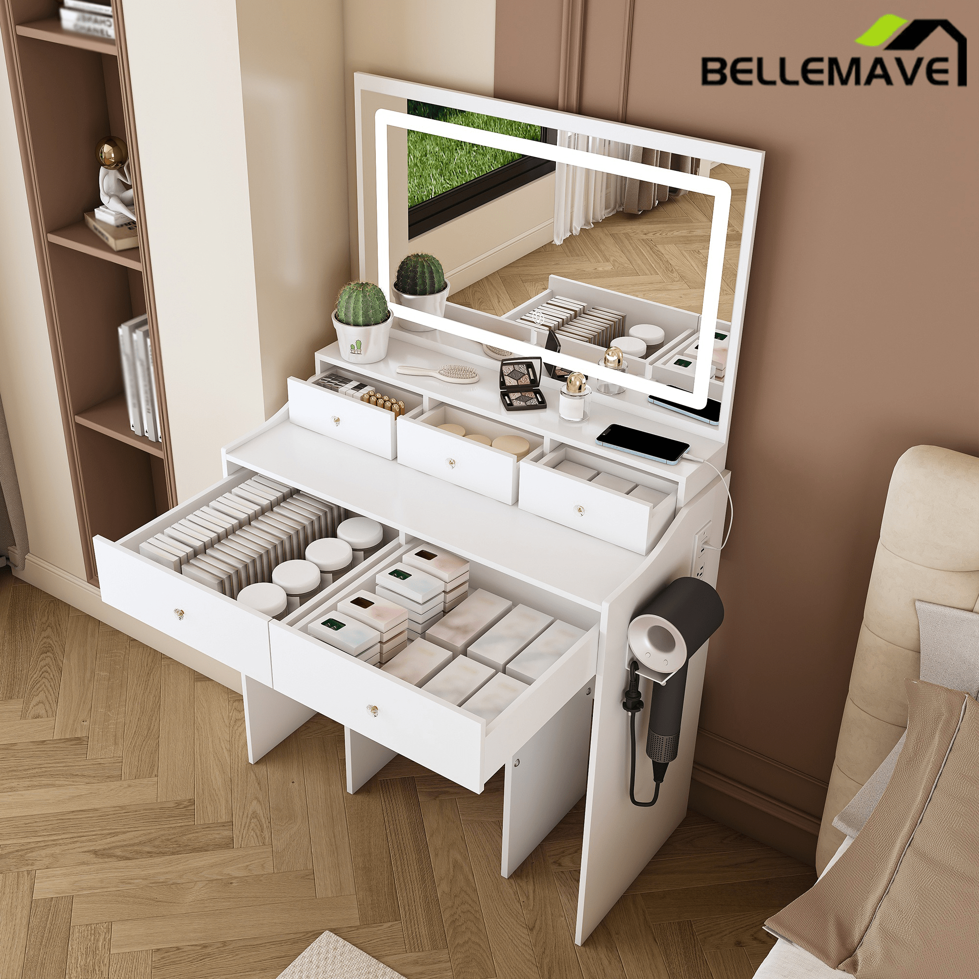 Bellemave® Makeup Vanity Desk Set with LED Lighted Mirror, Power Outlet, 5 Drawers, Hairdryer Rack and Chair for Women Girls Bedroom, Black - Bellemave