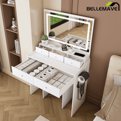 Bellemave® Makeup Vanity Desk Set with LED Lighted Mirror, Power Outlet, 5 Drawers, Hairdryer Rack and Chair for Women Girls Bedroom, Black - Bellemave