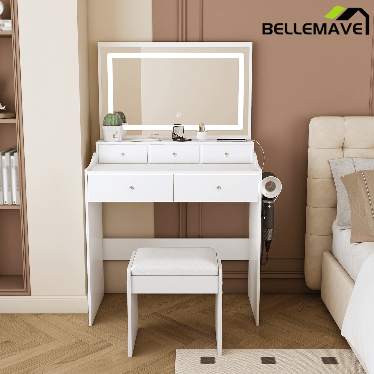 Bellemave® Makeup Vanity Desk Set with LED Lighted Mirror, Power Outlet, 5 Drawers, Hairdryer Rack and Chair for Women Girls Bedroom, Black - Bellemave
